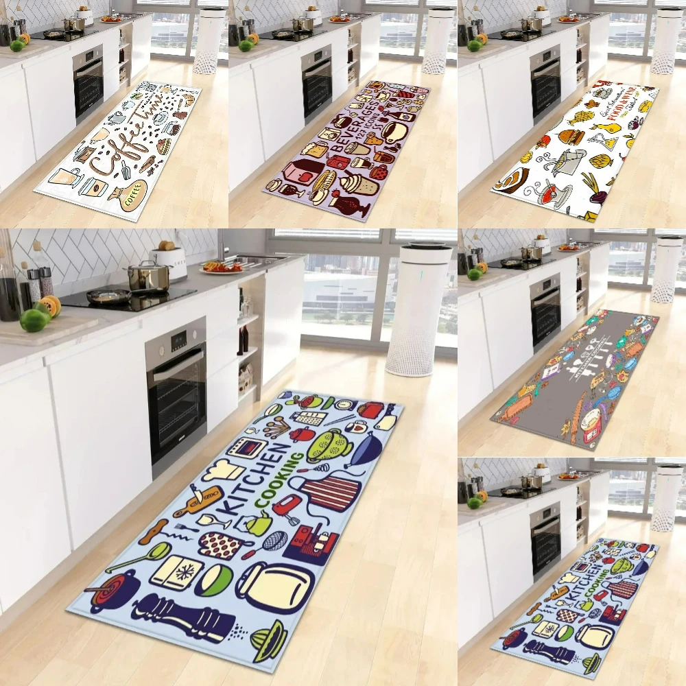 Cartoon Kitchen Tableware Coffee Runner Rug Non-Slip Aisle Mat  Kitchen Bedroom Hallway Laundry Living Room Porch Floor Mat