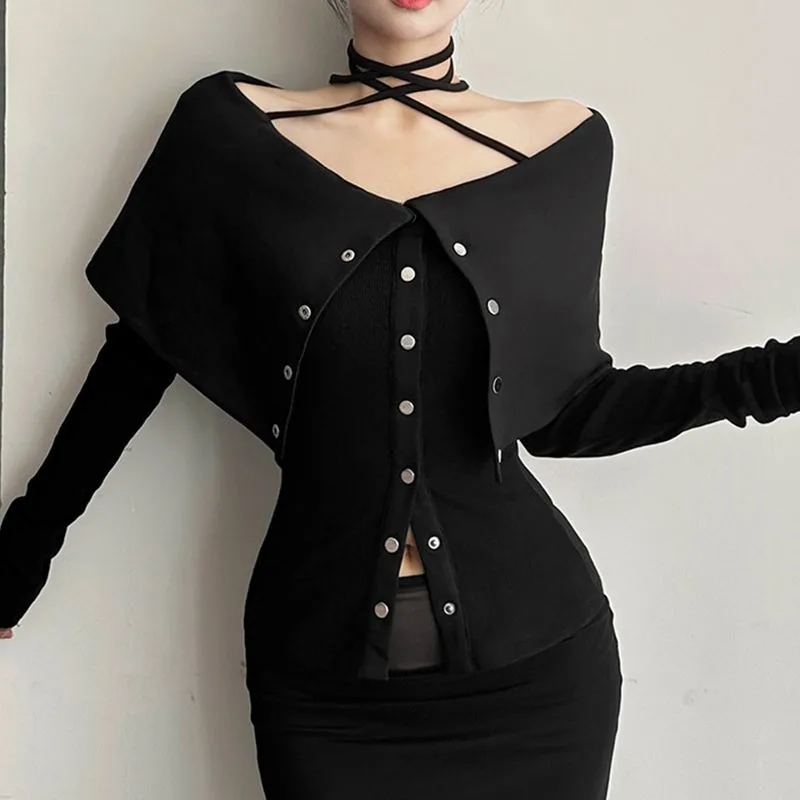 Off Shoulder Single-breasted Lace Up Sexy Long Sleeve T-shirt Women 2025 Autumn New Streetwear All-match Black Threaded Tops