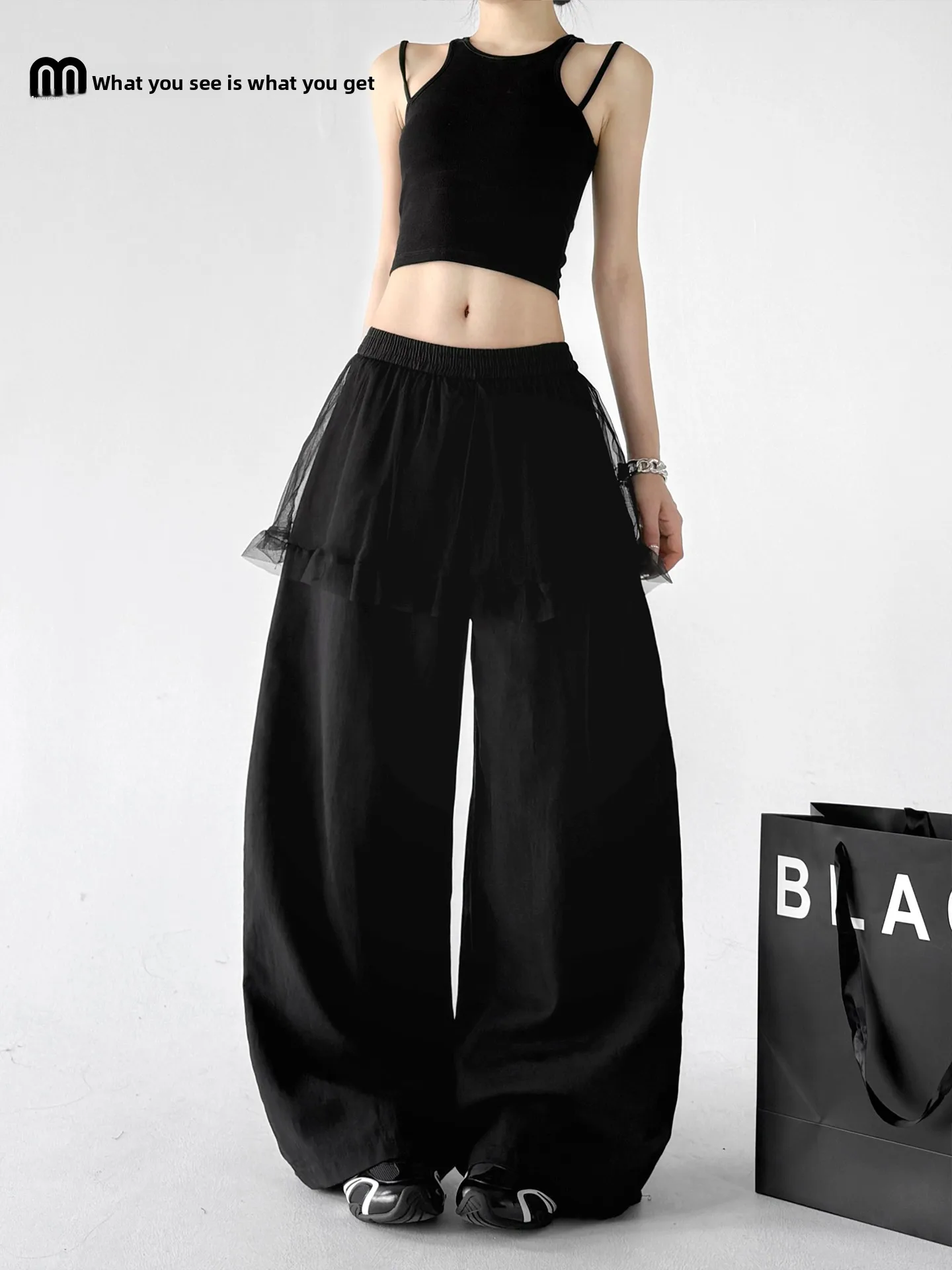 Black Wide Leg Pants Women's Summer 2026 New Loose Puffy Skirt Pants This Year's Popular Student Casual Pants High Waist Poly...