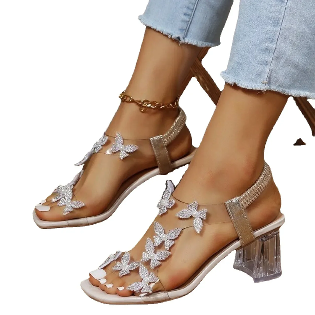 New Thick Heel Sandals for Women Large Size Casual Sandals Rhinestone High Heels Women\'s Shoes Metal Butterfly Party Wedding