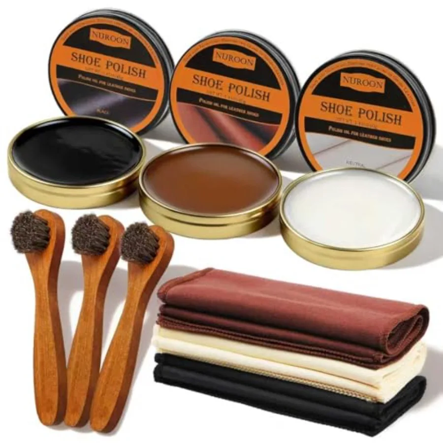 

9 Pcs Shoe Polish Kit for Men and Women, 3 Pcs Horsehair Shoe Brushes, Brown Neutral Black Shoe Polish