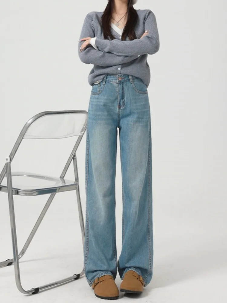 Pantalones vaqueros de pierna ancha ajustados con forro de Fce de cintura alta para mujer Otoño Invierno nuevos pantalones de tubo rectos largos sueltos de talla grande