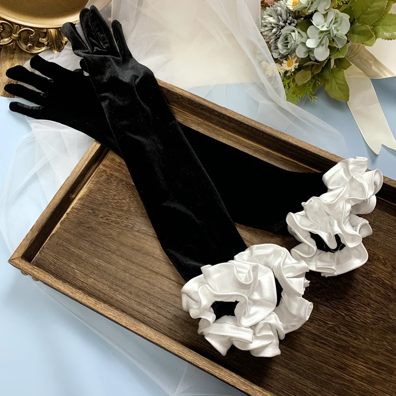 Women\'s Elegant White Patchwork Long Velvet Glove Female Spring Summer Vintage Sunscreen Driving Photograph Party Glove R1078