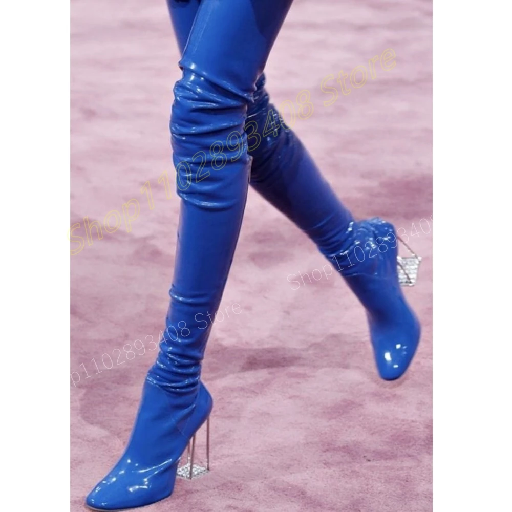 

Shiny Blue Clear Heel Over the Knee Boots Runway Design Pointy Sexy Chunky High Heel Women Shoes 2024 Autumn Zapatos Para Mujere