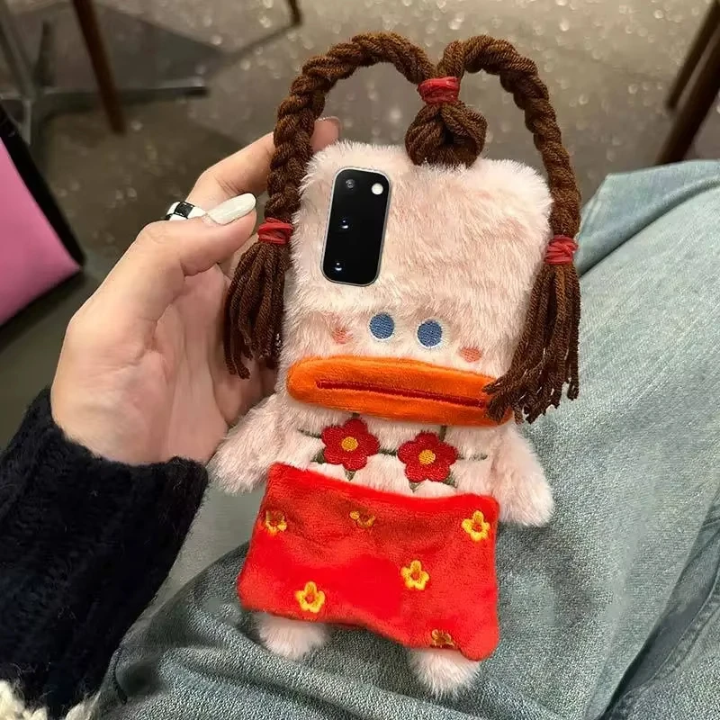 Phone Case for Samsung Galaxy A72 A52 A35 A55 A54 A51 5G Plush Funny Braid Female Sausage Mouth Girls Gift Fluffy Fur Back Cover