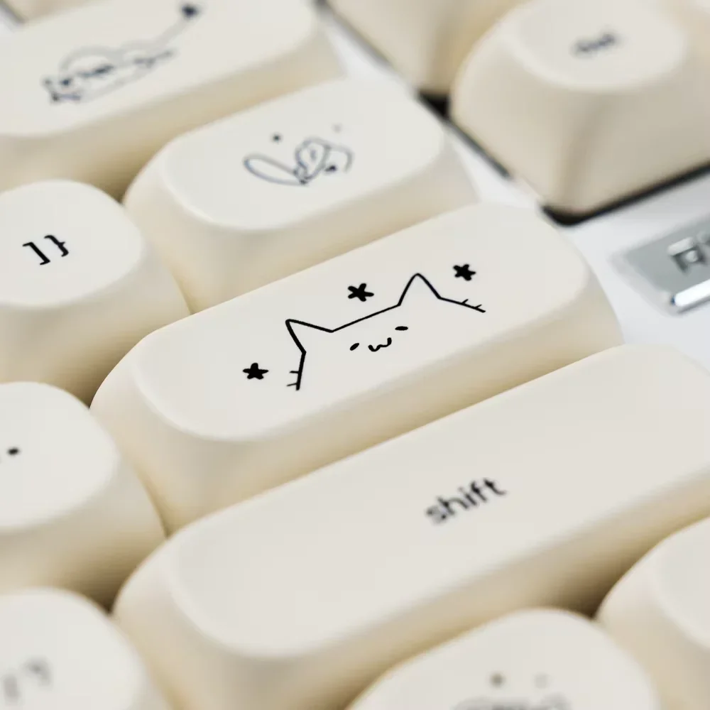 Happy Kitty Cat Keycap Set PBT Thermal Sublimation 124 Keys MOA Height Milk White Girls Mechanical Keyboard Keycaps