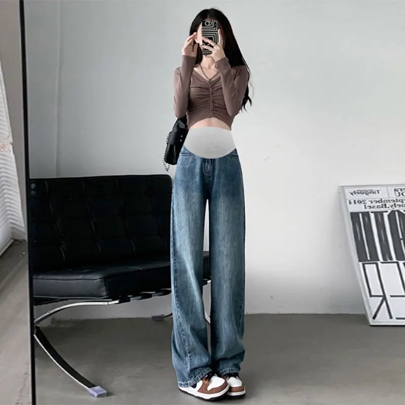 New Fashionable Loose Straight Legs High Waist Pregnant Women's Denim Pants Summer Plus Size Maternity Jeans Wide Legs Trousers