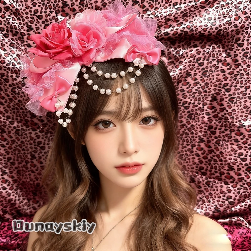 asNNs*Cosplay Princess Series Mädchen-Subkultur-Lolita-Haarspange mit Rosenblütenkette, Haarschmuck, Haarspangen, Halloween-Verkleidungszubehör