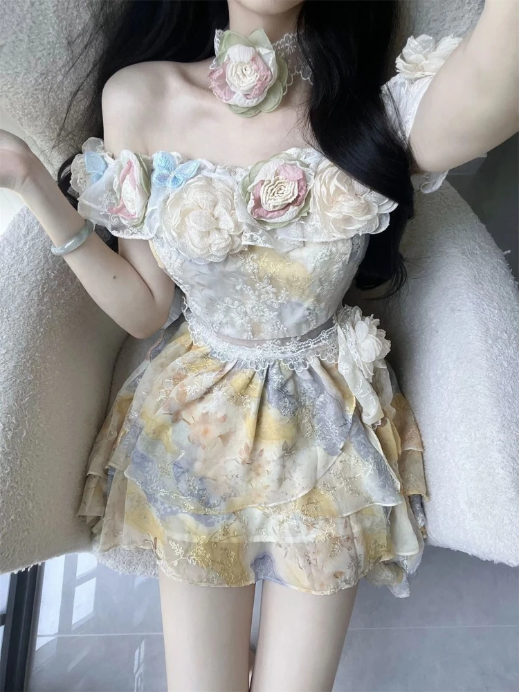 ฤดูร้อนหวาน Y2k เรโทรสง่างามชุดผู้หญิงปิดไหล่ดอกไม้ออกแบบชายหาดสไตล์หญิงเซ็กซี่เก๋ไก๋เกาหลีเสื้อผ้ายอดนิยม