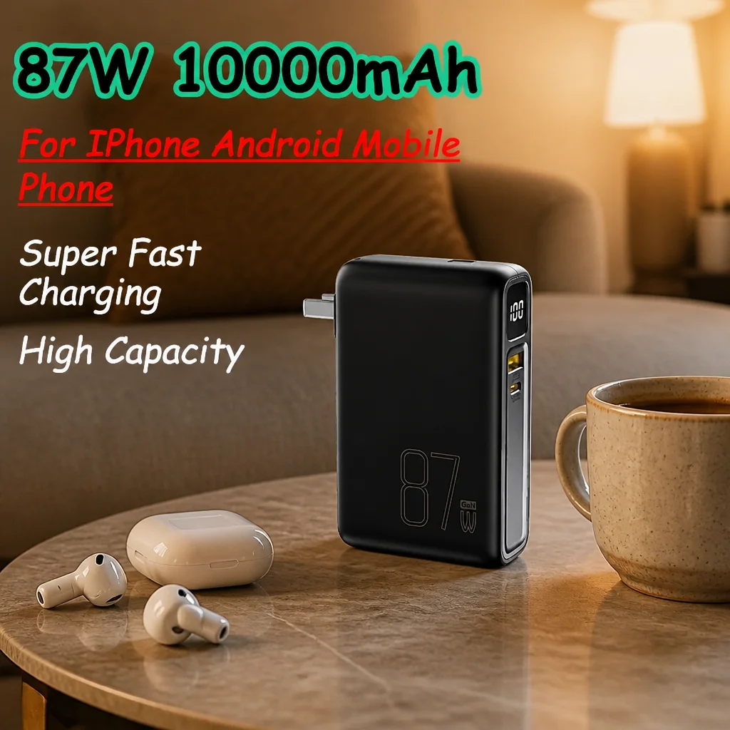Power Bank 10000mAh 87W Fast Charge Built-in AC Wall Plug Portable Charger For iPhone Android