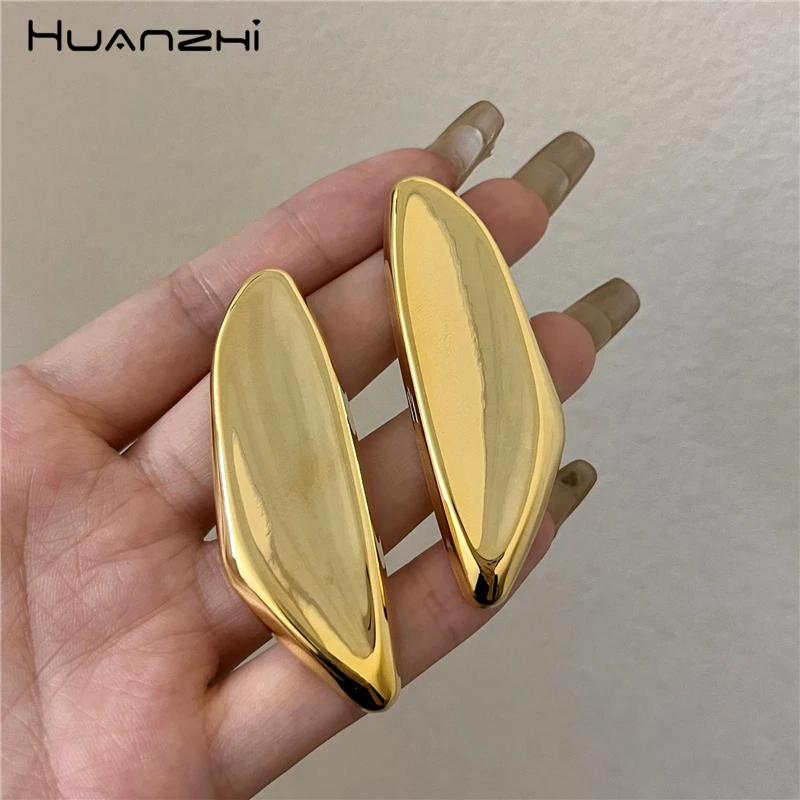 HUANZHI Exaggerated Smooth Irregular Geometric Long Earring Gold Sliver Color Large Punk Vintage Jewelry for Women Girls New