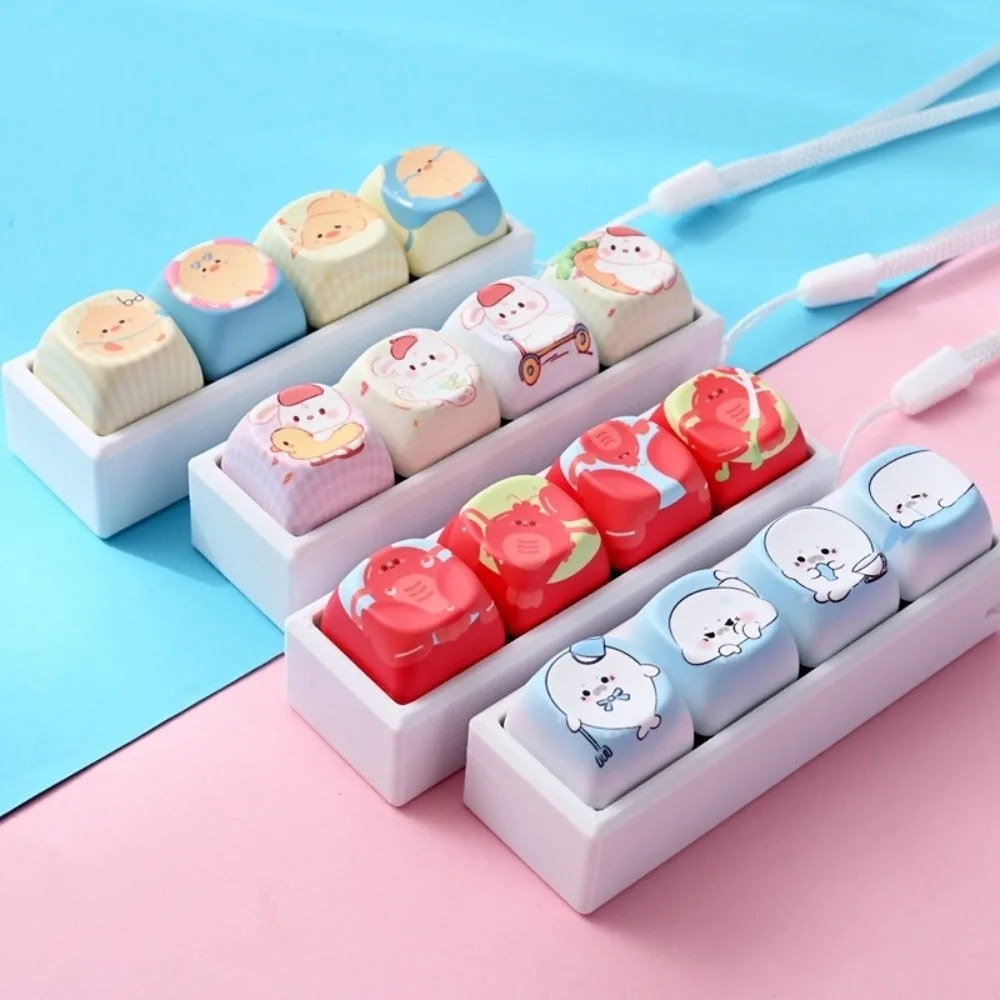 Cute Cat Keycap Fidget Keychain Mini Keycap 4 Keys Mechanical Keyboard Keycaps Keyring Animals Strap Lanyard