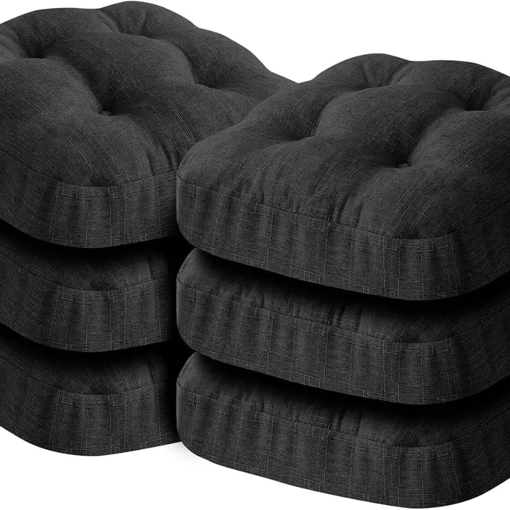 

Kitchen Chair Cushions, Set of 6, 16.5x16.5x3.5, Black, Tufted with Ties and Non-Slip Backing