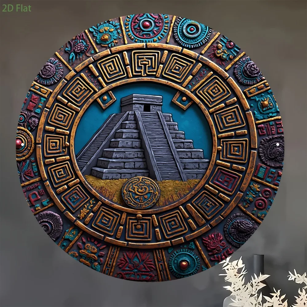 2D Metal Sign 8x8in Round Aluminum Wall Art, Mayan Pyramid Decor for Living Room Bedroom, Exotic Light Luxury Housewarming Gift