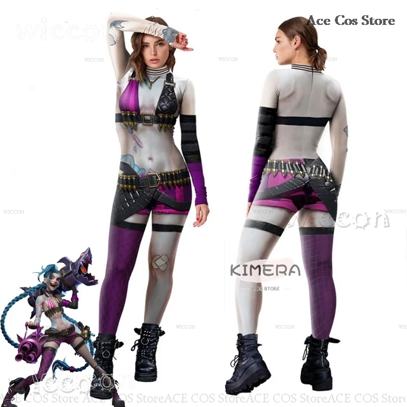 

LOL Jinx Jumpsuit Printed onesie Cosplay Costumes Women Cosplay Jinx League Of Legends Anime Game Jinx Costume Adult Kid size
