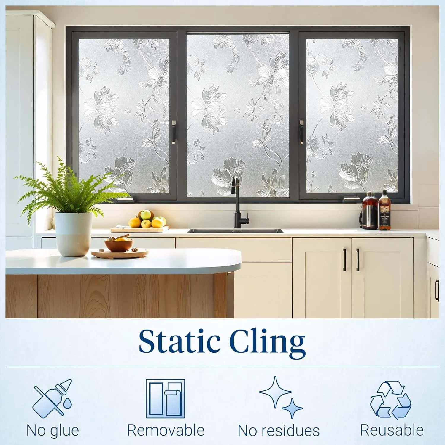 Floral Frosted Window Privacy Film Static Cling, Decorative Flower Glass Sticker, No Glue UV Block Tint for Bathroom Home Office