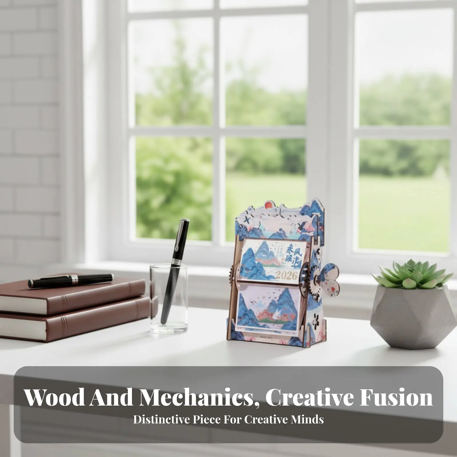 

Wooden Perpetual Calendar, Mechanical Hand-Crank Desk Decor, Creative DIY Calendar, Desktop Gift for Office, New Year Present