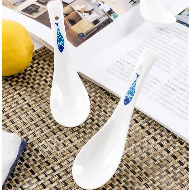 2pcs set, quality bone china rice spoons, fish design, ceramic spoon, korean spoon, small cute soup spoons, spoons for eating