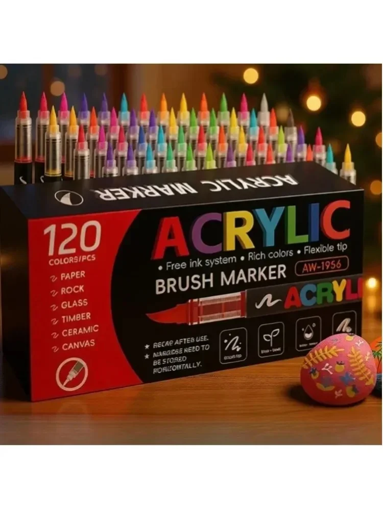 120 Acrylfarbstifte mit Pinselspitze, schnell trocknende Kunstmarker für verschiedene Oberflächen wie Stein, Glas, Leinwand, Keramik und Holz, DIY-Bastelbedarf für Handmalerei