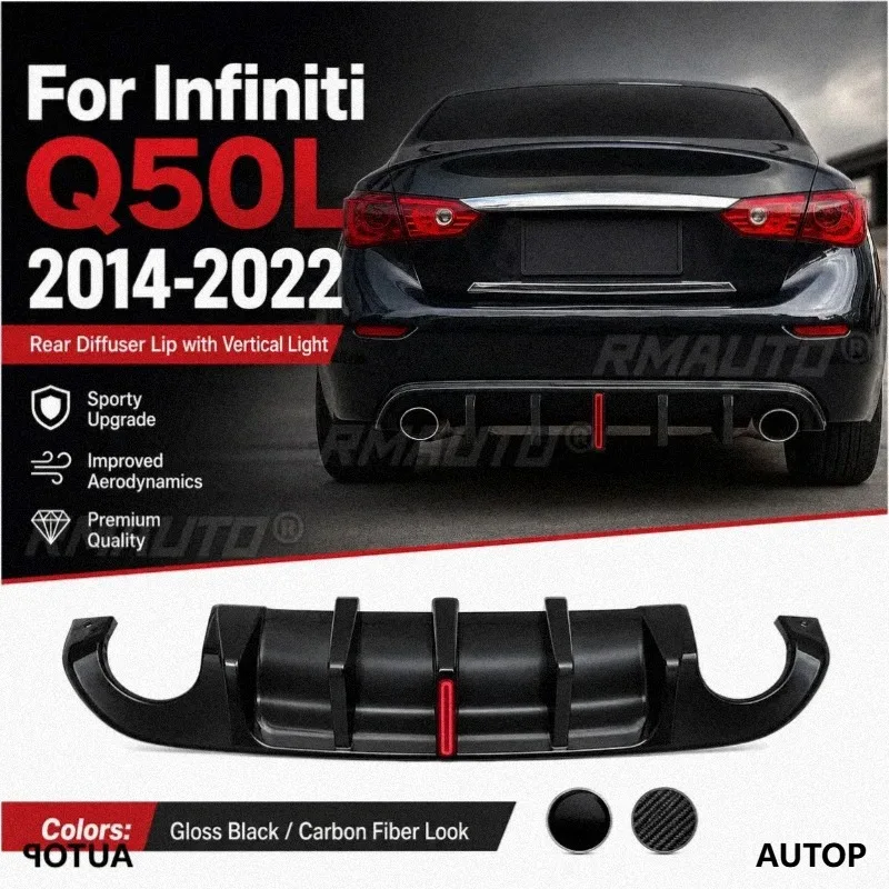Für Infiniti Q50 2014-2022 Auto-Zubehör Heckdiffusor-Lippe mit LED-Licht Hochglanz-Schwarz Carbon-Optik