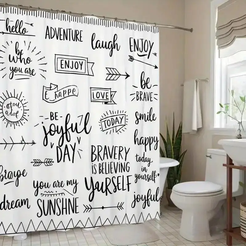 Inspirational Typography Shower Curtain - Hello Adventure Laugh Enjoy Be Joyful Day Today Smile Brave You Are Myself Sunshine Se