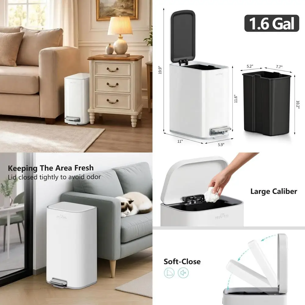 

Узкое белое мусорное ведро для ванной комнаты объемом 8+1,6 галлонов со съемной крышкой и внутренним ведром