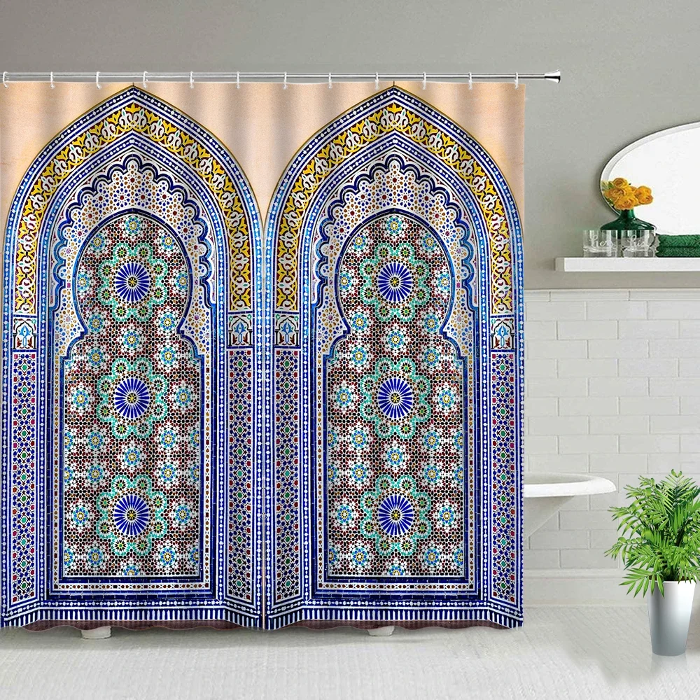 Waterproof Fabric Shower Curtain Arabic Arch Morocco Antique Doors Print Bath Screen Old Wooden Door Bathroom Curtains With Hook