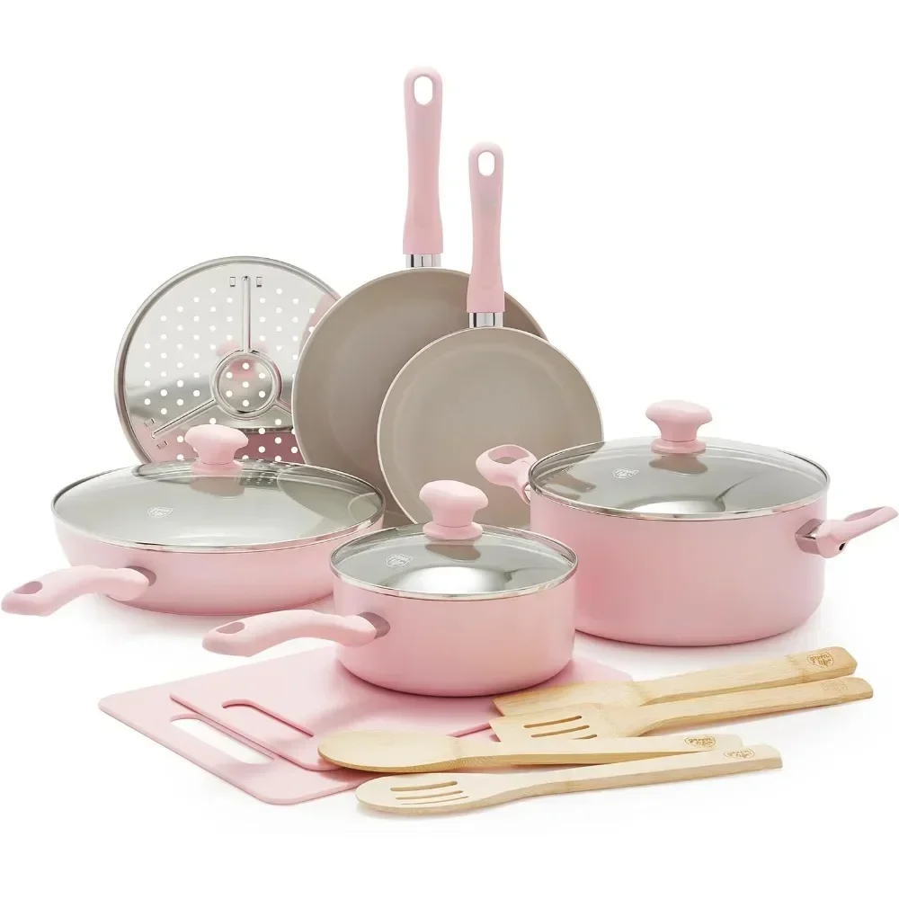 

Healthy Ceramic Nonstick, 15 Piece Kitchen Cookware Set Pots and Frying Sauce Pans Set, PFAS- Free, Dishwasher Safe, Pink