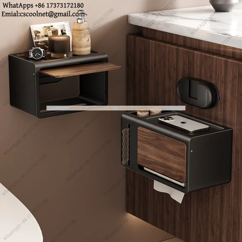 JS02 No punching walnut pattern bathroom tissue box shelf waterproof bathroom wall hanging with cover tissue box