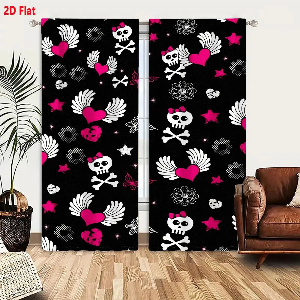 2Pcs Curtains 2D Flat Vibrant Kawaii Goth Repeating Pattern With Skulls Crossbones Winged Hearts Butterflies Stars And Floral Sh