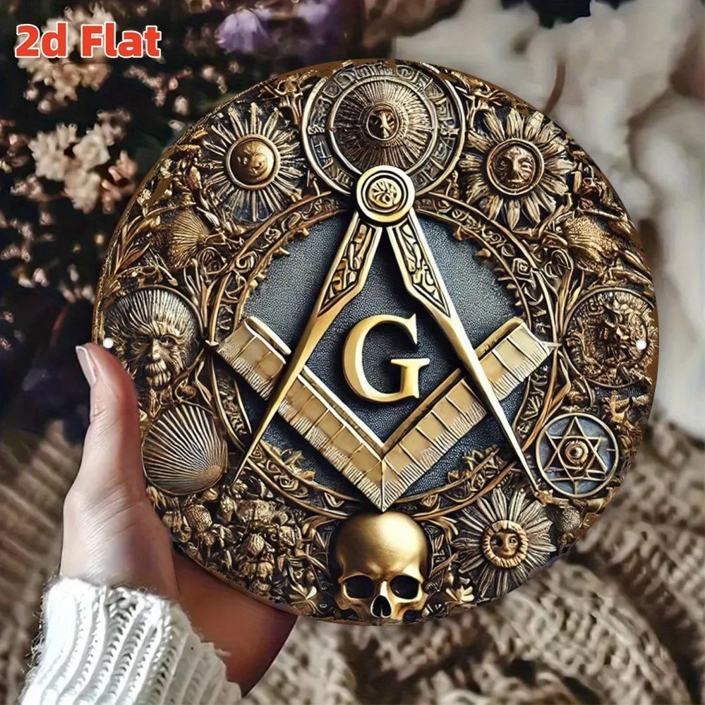 Vintage Freimaurer Winkel & Zirkel Runde Metall-Wandkunst, 3D-Effekt Freimaurer-Symbol Totenkopf Dekoratives Blechschild, Rustikales Freimaurer-Dekor