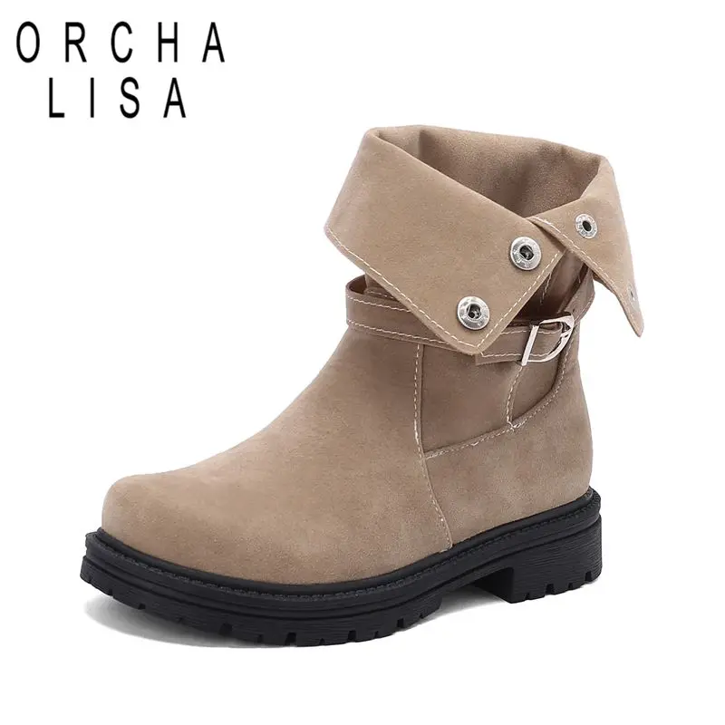 

ORCHA LISA Женские замшевые сапоги до середины икры с круглым носком на плоской подошве, на пуговицах, с пряжкой на ремне, большой размер 47 48 49 50, мягкие зимние ботинки