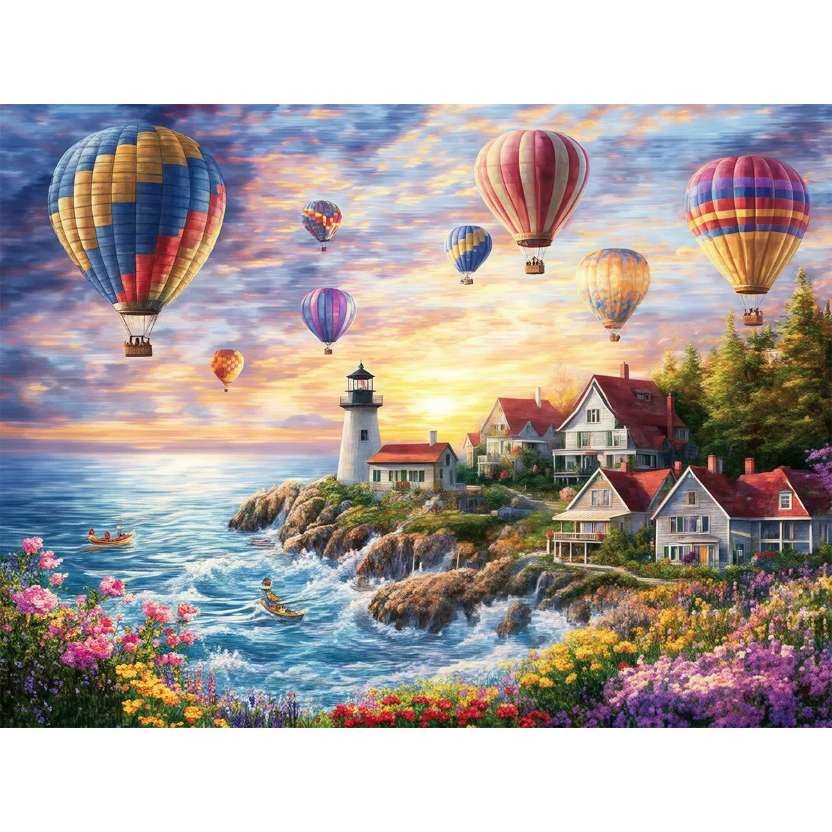 Conjunto de punto de cruz preimpreso "Hot Air Balloon Town", juego de bordado de tela AIDA estampado con patrón simple, tema de paisaje