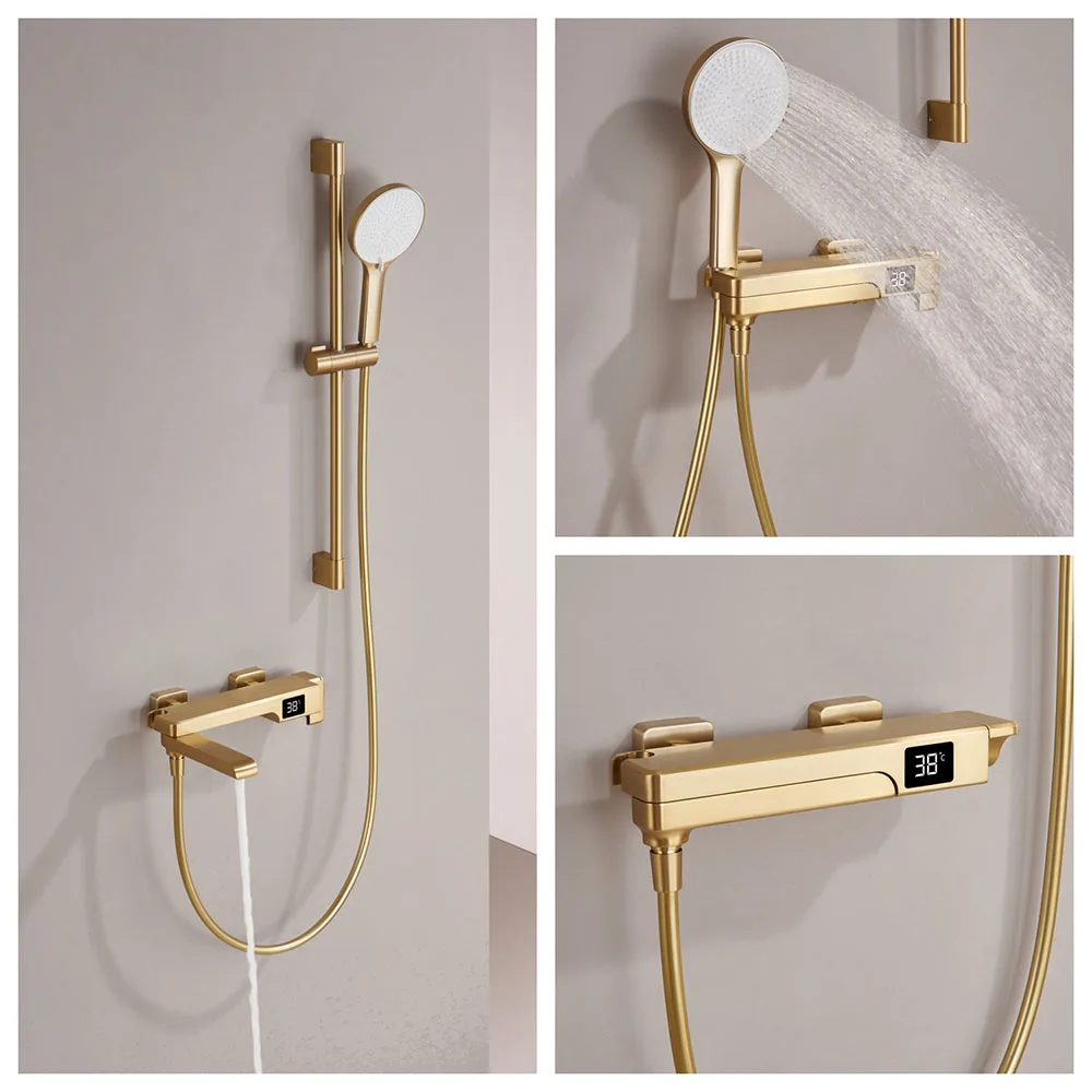 Brushed Gold/Chrome Bathroom Shower Set Hot and Cold Shower Mixer Rotating Faucet Digital display Brass 2-Function Shower System