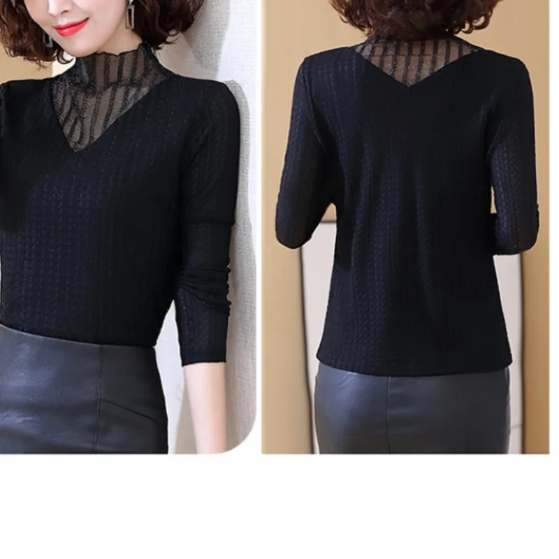 

Women's Autumn Winter Turtleneck Solid Pullover Lace Patchwork Flocking Long Sleeve T-shirt Casual Undershirt Clothing Tops