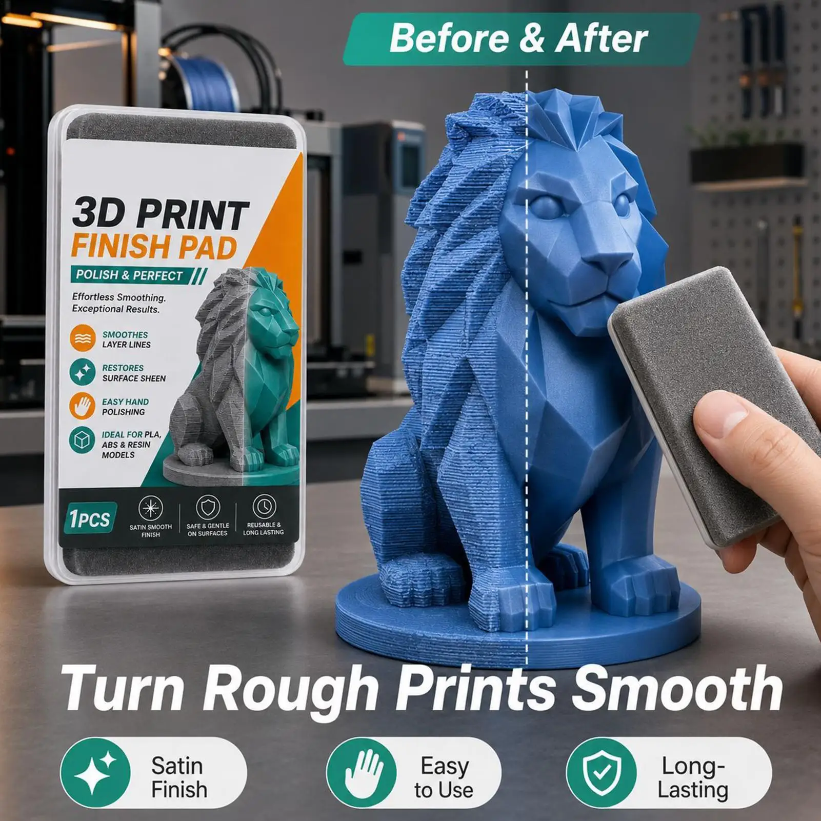 3D Print Finishing Pad, Reusable Polishing Sponge for PLA ABS Resin Models, Hand Smoothing Tool for Layer Lines Props