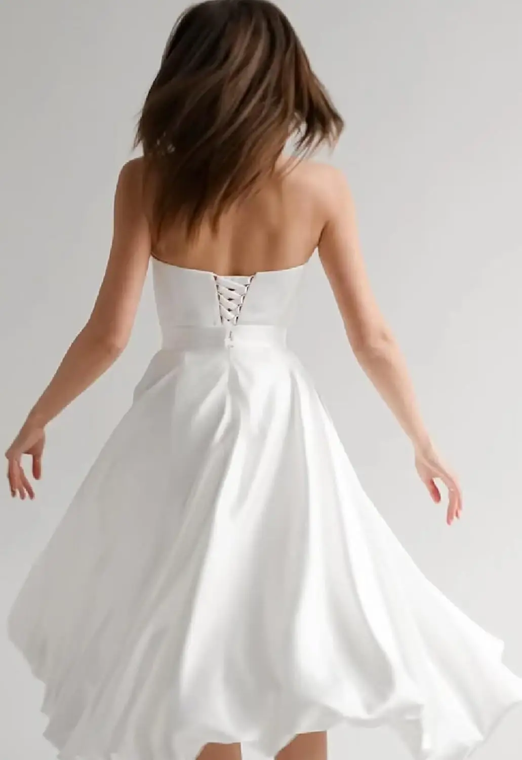 Women's Tube Top Tea Length Wedding Dresses for Bride Satin Strapless A Line Bridal Dress with Pockets Simple Wedding Dress