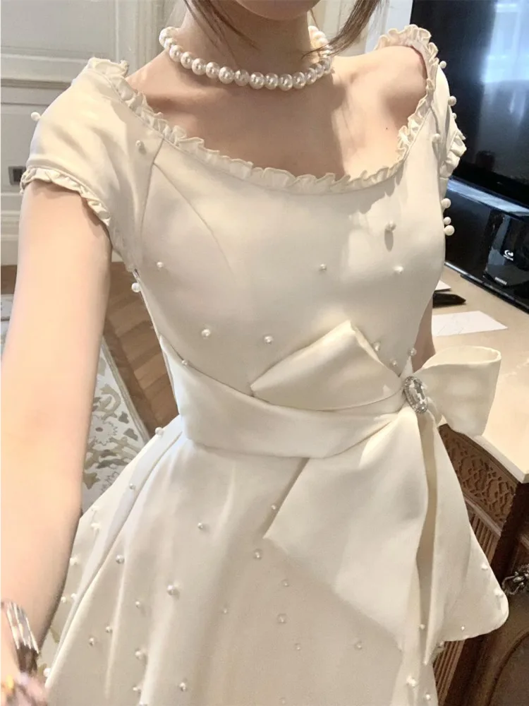 Letnie Eleganckie Damskie Francuskie Słodkie Sukienki Y2k Kokarda Vintage Sukienka na Bal Dziewczęca Wróżkowa Szykowna Koreańskie Popularne Ubrania 2025 Chic