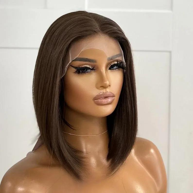 

Dark Brown Bob Wig Straight Lace Front Wigs 13x4 HD Short Lace Frontal Wigs For Women Synthetic High Quality Daily Ready To Wear