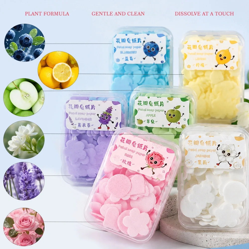 12PCS portable travel flower soap tablets, clean with mini soap paper, available in 6 different flavors including blueberry