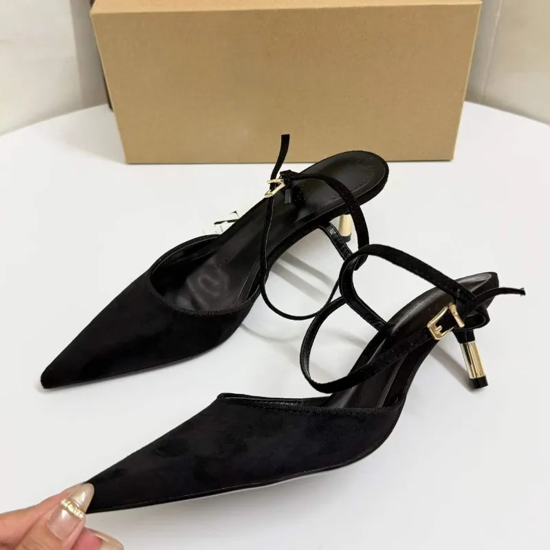 

2026 Summer Black Suede Women High Heels Sandals Pointed Toe Elegant Office Work Slingback Ankle Strap Daily Lady Dress Shoes