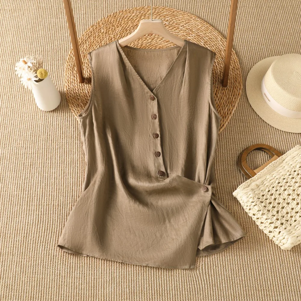 

Casual Sleeveless Vest Irregular Asymmetrical Slanting Button Design Outerwear Summer Lightweight Breathable Cotton Linen Blend