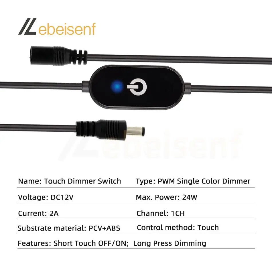 LED Touch Dimmer Switch Cable 5V USB DC 12V 2A Male to Female Connection Wire 1m Dimmable On/Off For Single Color LED Lights