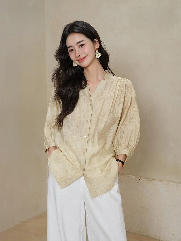

S- Time Shirt Jacket Women Summer Loose Lazy Casual Top Seven-Quarter Sleeve Plain Color Button Design Regenerated F...