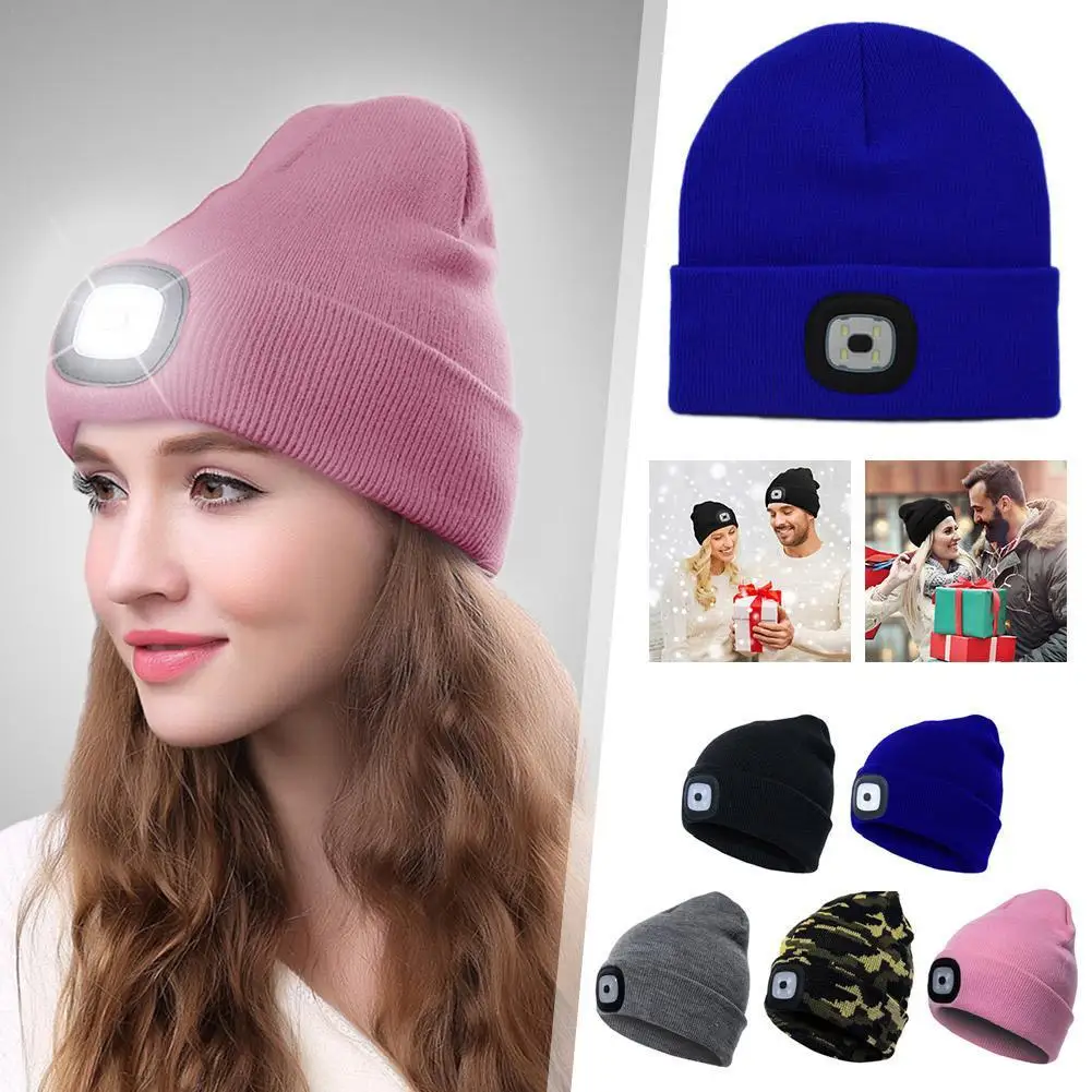 Autumn Winter Led Light Knitted Hat Warm Elastic Beanie Rechargeable Light Knitted Beanie For Outdoor Hiking Fishing Camping