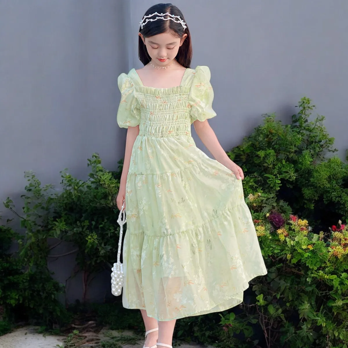 Girls Princess Dresses Baby Kids Flower Tutu Dresses Short Sleeve Green Prom Outfits Summer Children Costumes 4 6 8 10 12 Years