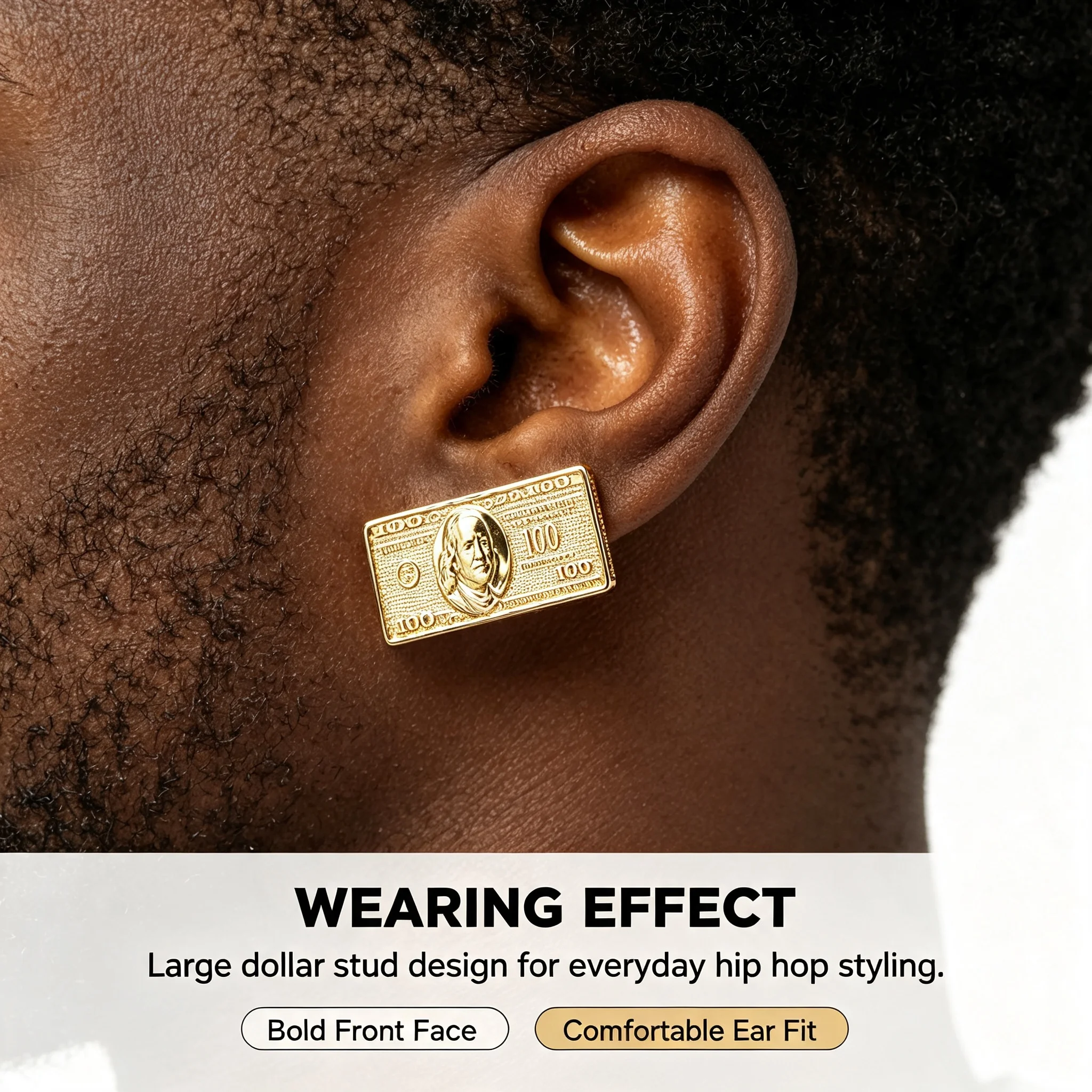28mm Big Size Hip Hop 14k Gold Plated Rough Textured Cookie Nugget Stud Earrings For Men Women Hundred US Dollar Sign Bill Money