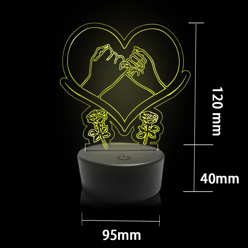 3D 비전 블랙 베이스 야간 조명, 홈 침대 옆 러브 램프, 아크릴 룸 장식, LED 책상 램프, 7 가지 색상 램프, 범용