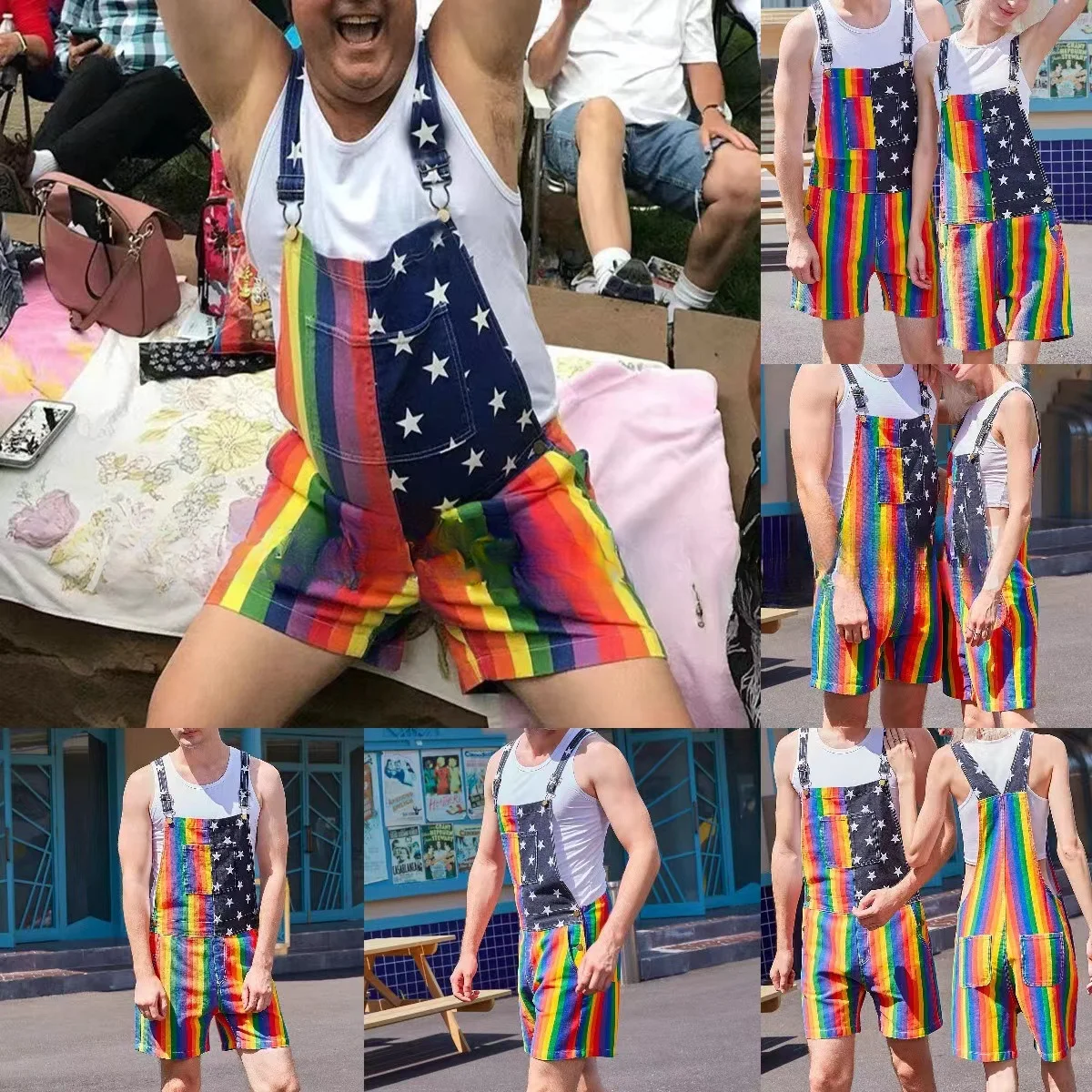 

Men Casual Denim Overall Plus Size Summer Couple Independence Day Flag Rainbow Stripes Sports Camisole Pants Man Overalls