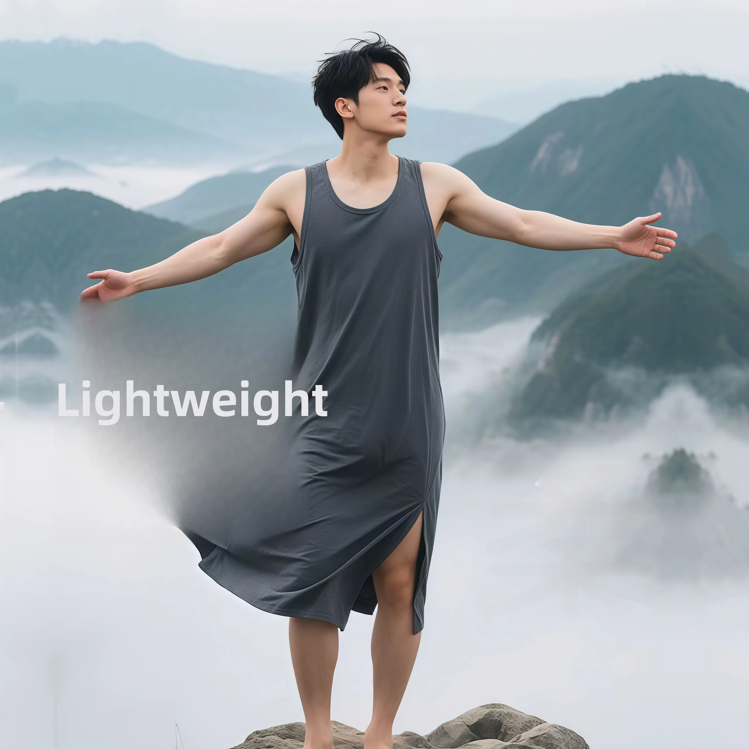 

Men's Summer Modal Sleepwear Loose Vest Skirt Morning Robe Bathrobe Large Size Mid-Length Sleeveless Nightgown Thin Sleep Dress